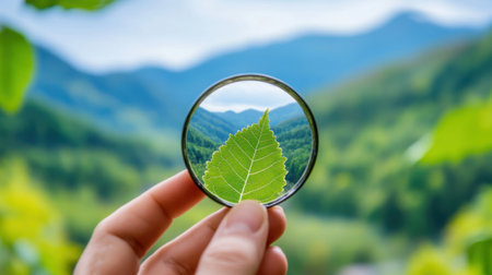 Scenic view framed by leaf skeleton in hand, capturing lush green landscapeの素材