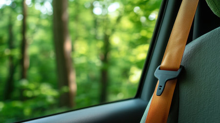 Seatbelt in focus, natural green scenery shining through side windowの素材