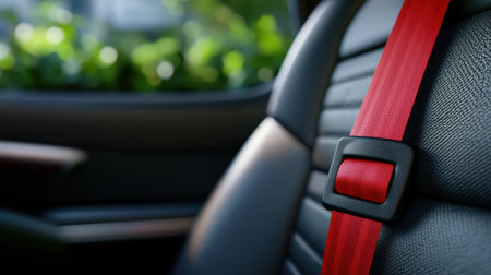 Safety first concept with close seatbelt shot and green earth-inspired surroundingsの素材