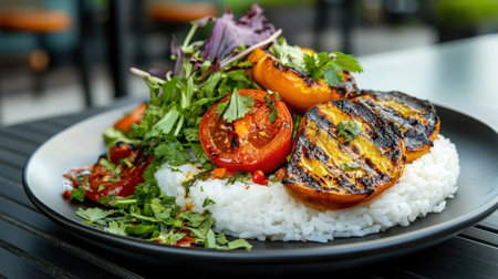 Spicy rice plate with grilled vegetables and herbs, captured with shallow depth of fieldの素材