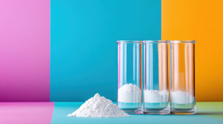 Sleek lab glassware with white powder set on vibrant color backgroundの素材