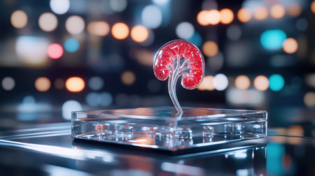 Single human kidney model with digital realism hovering over reflective dark surfaceの素材