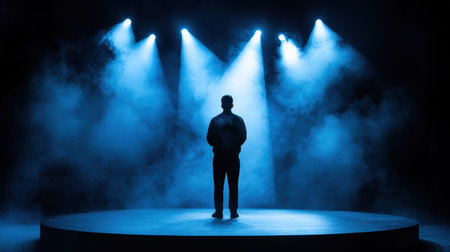 Silhouette of performer on round smoky stage under brilliant spotlightの素材