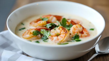 Spicy Thai shrimp soup served in white bowl with creamy coconut broth and herbsの素材