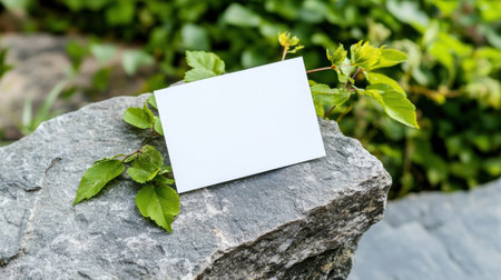 Simple design card nestled on stone slab with organic greenery accentsの素材