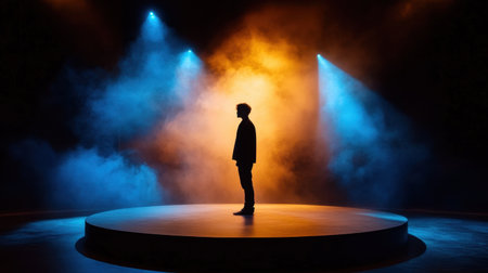 Silhouette of performer on round smoky stage under brilliant spotlightの素材