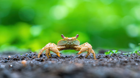 Small crab resting on moody sand with vibrant green blur behindの素材