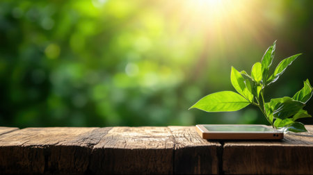 Sleek tablet on rustic wooden table beside coffee cup and green plant in soft natural lightの素材
