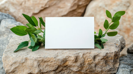 Simple design card nestled on stone slab with organic greenery accentsの素材