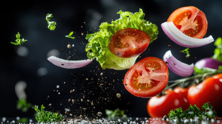 Sliced tomatoes, onions, herbs, and lettuce flying mid-air on dark backgroundの素材