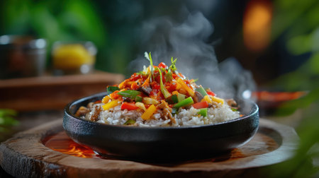 Steaming hot plate of rice topped with colorful veggies and spicy red sauce, served on rustic wood tableの素材