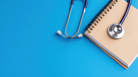 Stethoscope resting beside charted data and spiral notebook on vibrant blue backgroundの素材