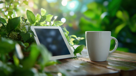 Tablet device on wooden desk, paired with greenery and white mug in cozy setupの素材