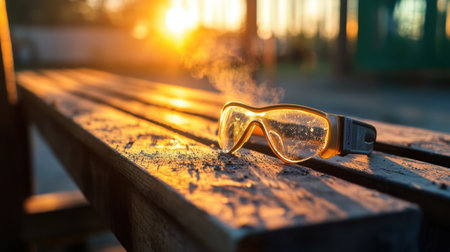 Sunset light pouring onto a dusty bench with safety goggles center frameの素材
