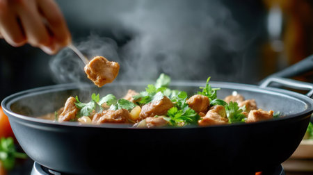 Steamy coconut chicken curry with thick sauce, topped with fresh herbsの素材