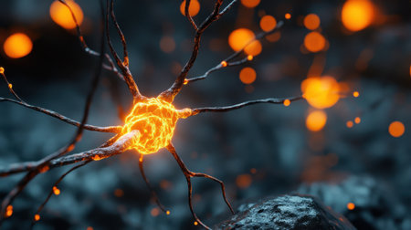 Stunning neurobiology concept with axons and dendrites lit in vivid orange glowの素材