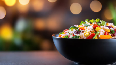 Tantalizing rice meal with colorful veggies and spicy red curry sauce, bokeh backgroundの素材