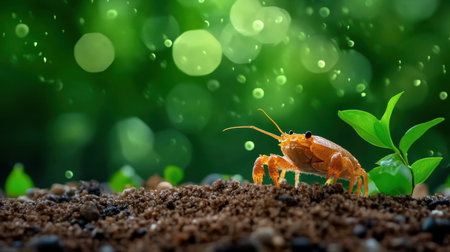 Tiny crustacean on gritty sand with dreamy green bokeh backdropの素材