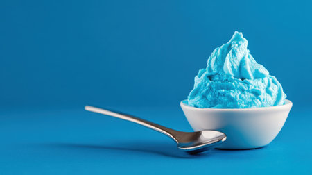 Spoonful of soft blue cream, textured and whipped, isolated on a neon blue backdropの素材