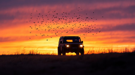 Vehicle silhouette beneath a dramatic sky filled with birds at golden hourの素材