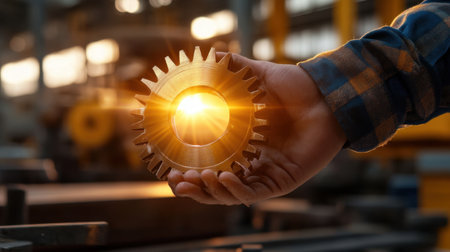 Strong hand holding gear with sunset rays reflecting on wood surfaceの素材