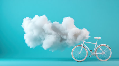 Surreal scene with white bicycle and soft cloud in stylized blue backgroundの素材