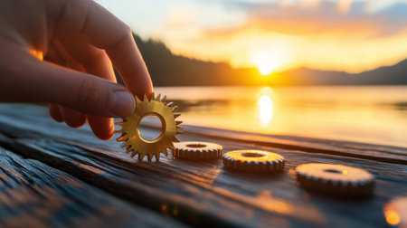 Strong hand holding gear with sunset rays reflecting on wood surfaceの素材
