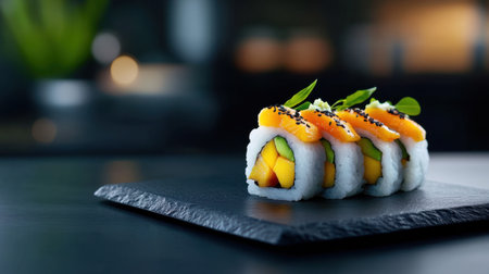 Sushi roll with mango and spicy aioli topping on dark stone plateの素材