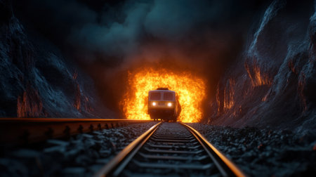 Train emerging from a hellish portal in darkness, engulfed in flames and dramatic lightingの素材