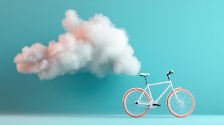 Surreal scene with white bicycle and soft cloud in stylized blue backgroundの素材