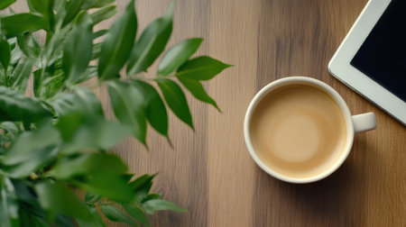 Tech meets nature: tablet on wood next to leafy plant and warm coffee cupの素材