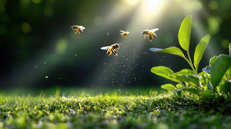 Sunlight filtering through bees in motion above grass and leavesの素材