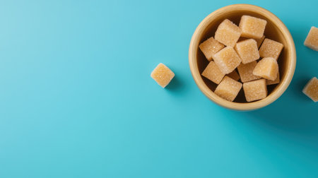 Top view of sugar presentation: bowl and cubes on smooth blue backgroundの素材