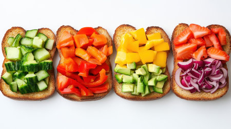 Toast slices topped with mashed avocado and a rainbow of fresh, healthy toppingsの素材