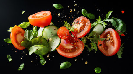 Tomato salad deconstructed mid-air with vibrant elements popping against blackの素材