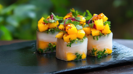 Sushi roll with mango and spicy aioli topping on dark stone plateの素材