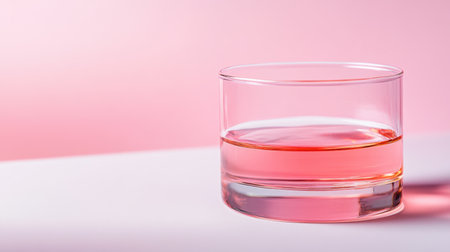 Transparent dish containing rose-colored solution, placed on a clean light backgroundの素材