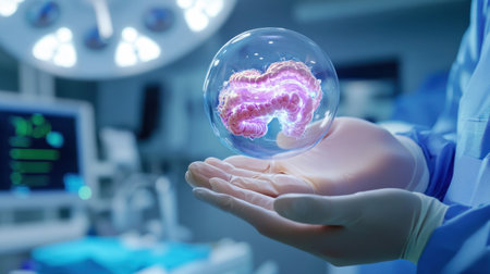 Transparent 3D digestive system floating above surgeon hands with high-tech medical gearの素材