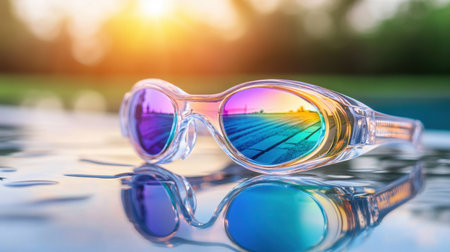 Transparent goggles lying on table with sunset flare creating lens reflectionsの素材