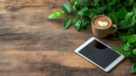 Tech meets nature: tablet on wood next to leafy plant and warm coffee cupの素材