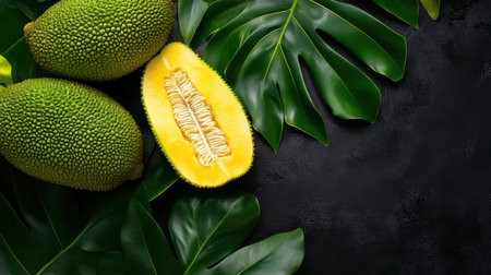 Texture-rich image of jackfruit skin with natural foliage around itの素材