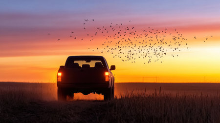 Vehicle silhouette beneath a dramatic sky filled with birds at golden hourの素材