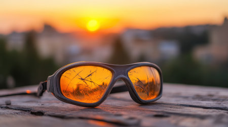 Warm sunset backdrop behind scratched goggles on worn work surfaceの素材