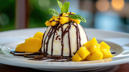 Vanilla panna cotta with chocolate sauce drizzle and fresh yellow mangoの素材