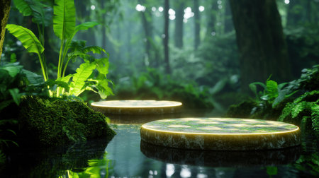 Floating natural platforms glowing in mystical, green woodland environmentの素材