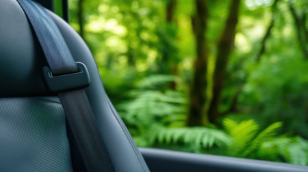 Fastened seatbelt symbolizing safety, contrasted by fresh green outdoor viewの素材