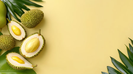 Halved durian fruits with aromatic yellow pulp and spiky shell, leaf-decorated sceneの素材