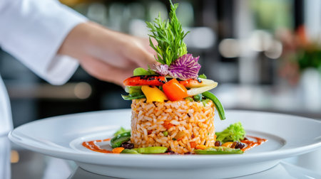 Gourmet rice dish with vibrant vegetables and chili sauce, styled on elegant white plateの素材