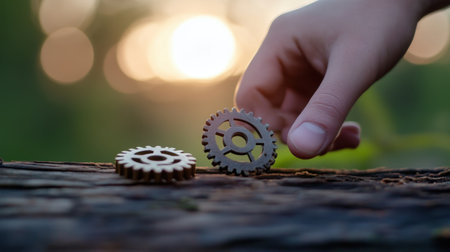 Industrial meets nature: gear on wood, hand, and glowing sunsetの素材