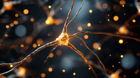 Long axon extensions of bright orange neurons creating a vivid pattern on blackの素材